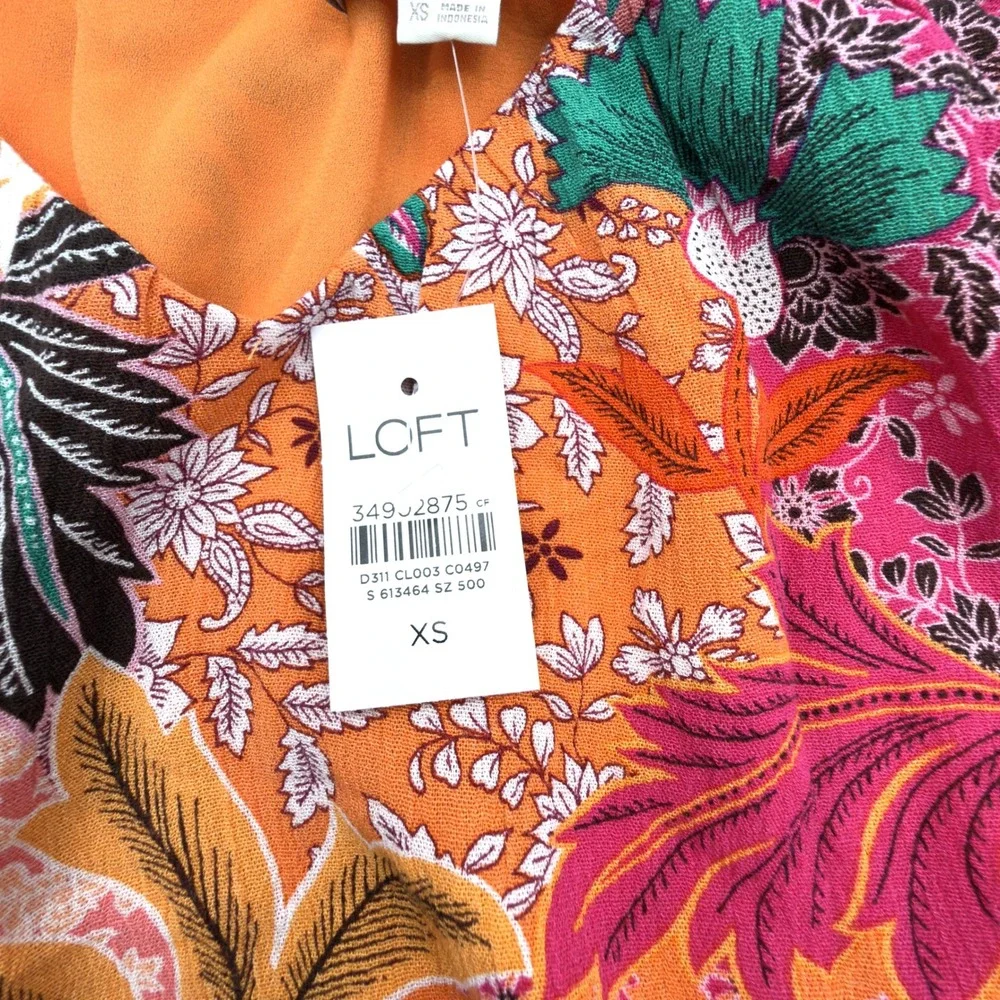 LOFT‎ XS NWT Floral Patchwork Blouse Puff Sleeve Orange Lined Boho Top Tropical